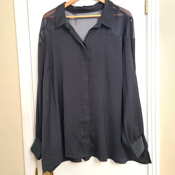 Prabal Gurung Lane Bryant Long Sleeve Button Up Top Black Mesh Shoulders Size 28 - Picture 1 of 12